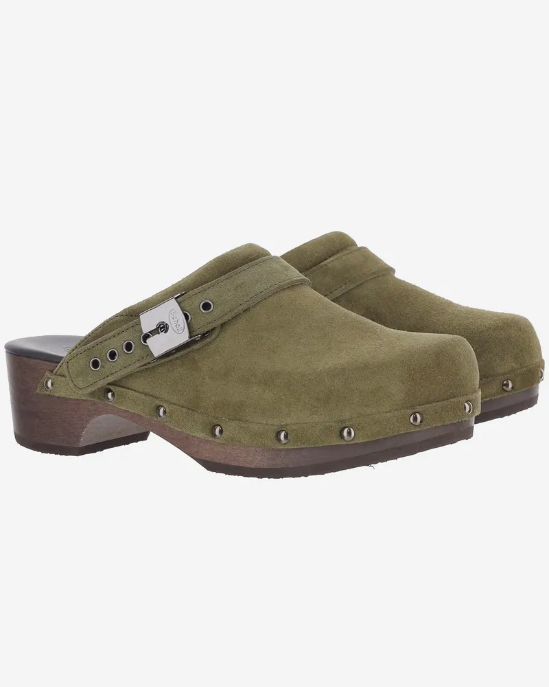 Scholl Suede and Wood Clog — Khaki Khaki