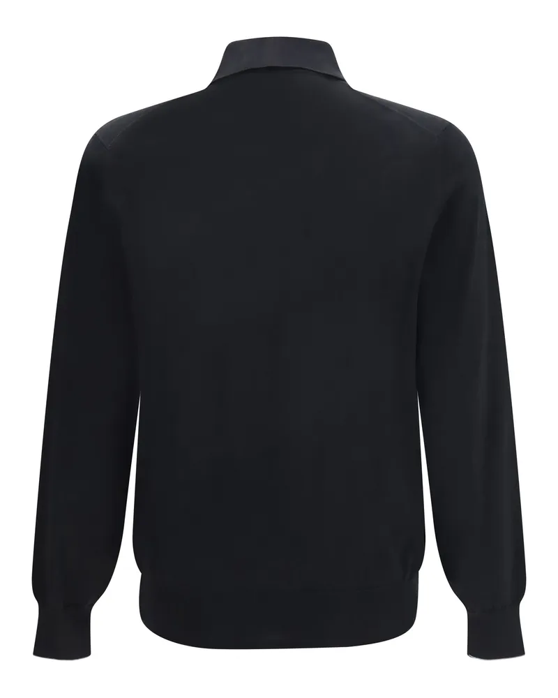 Brunello Cucinelli Men's Long Sleeve Cotton Polo Nero+grigio Scuro Knitwear T-shirts And Polos Black
