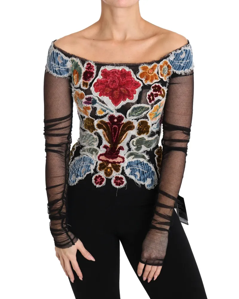 Dolce & Gabbana Women's Black Floral Ricamo Top T-Shirt Blouse Cotton Black