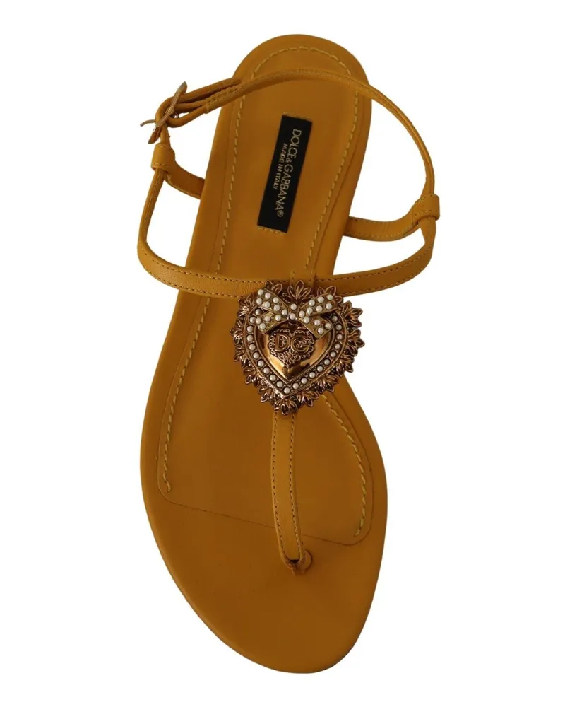 Dolce & Gabbana Women's Mustard Leather Devotion Flats Sandals Shoes Yellow Yellow