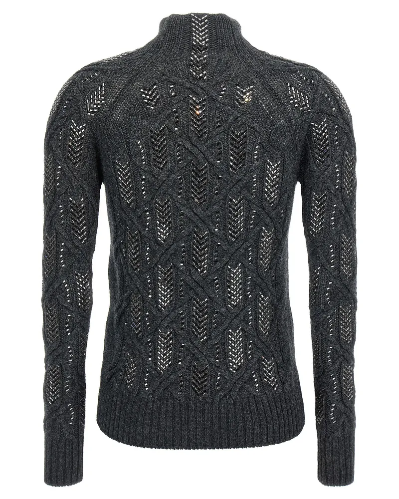 Ermanno Scervino Crystal-Braided Wool Blend Sweater — Charcoal Charcoal