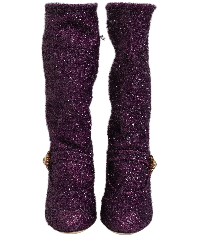 Dolce & Gabbana Women's Purple Crystal Lurex Fantasy High Boots Shoes Leather Purple