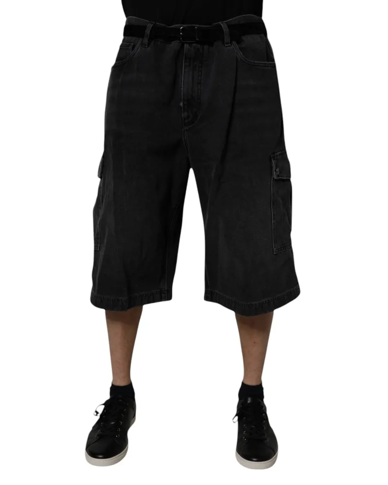 Dolce & Gabbana Men's Black Mid Waist Denim Cargo Bermuda Shorts Cotton Black