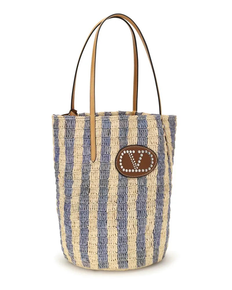 Valentino Garavani Women's Striped Raffia Bucket Bag Naturale-Azzurro-Natural Camel-Selleria Naturale/azzurro/natural Camel/selleria Multicolor