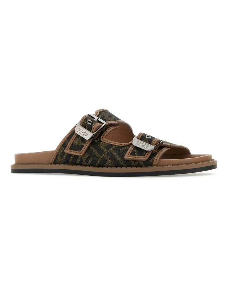 Fendi Men's Embroidered Canvas  Feel Slippers Tabacconerosand Flat Shoes Brown