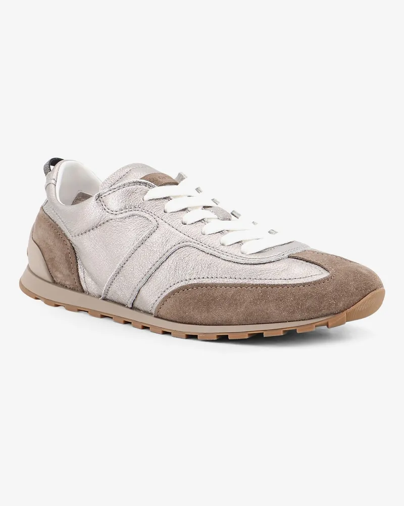 Brunello Cucinelli Women's Sneakers Laminated Leather-Suede Silver Trainers Leather/suede Silver