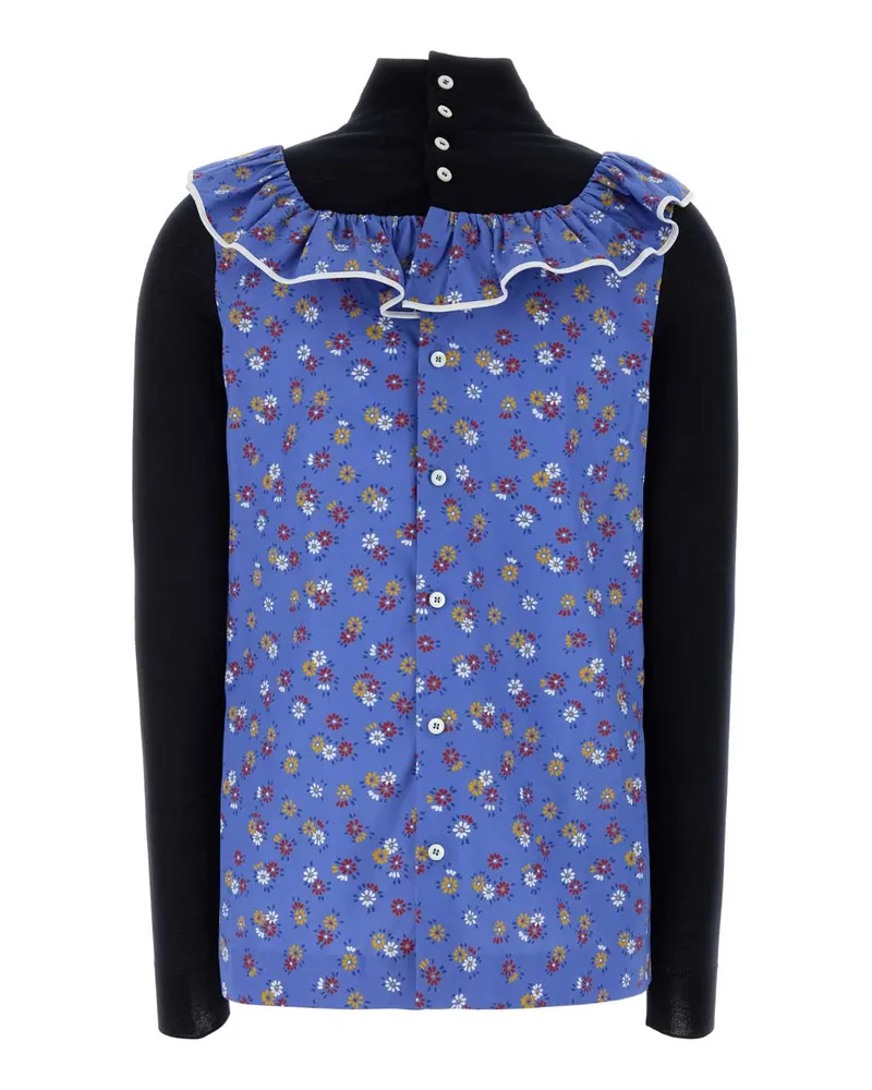 Miu Miu Women's Floral-Print Poplin With Ruffle Collar Blouse Blue Exterior Cotton Blue