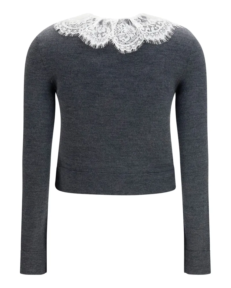 Self-Portrait Women Knit Cardigan With Lace Collar Grey Merino Wool Ovis Aries Sweater Gray