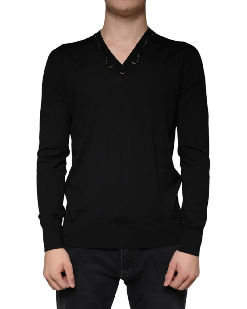 Dolce & Gabbana Men's Embellished V-Neck Virgin Wool Sweater Black Black