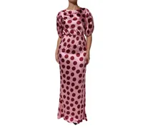 Women Polka Dot Silk Satin Maxi Dress Pink Elastane