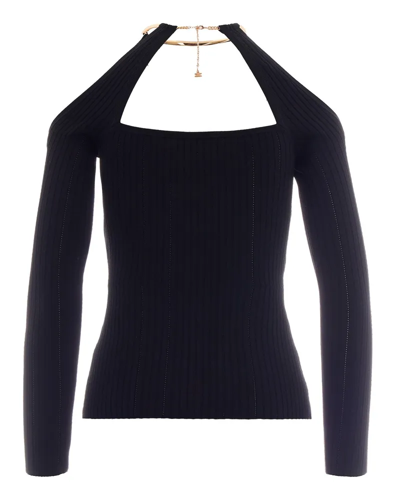 Elisabetta Franchi Women's Knit Top With Gold-Jewel Detail Black Viscose Jumpers Sweater Black