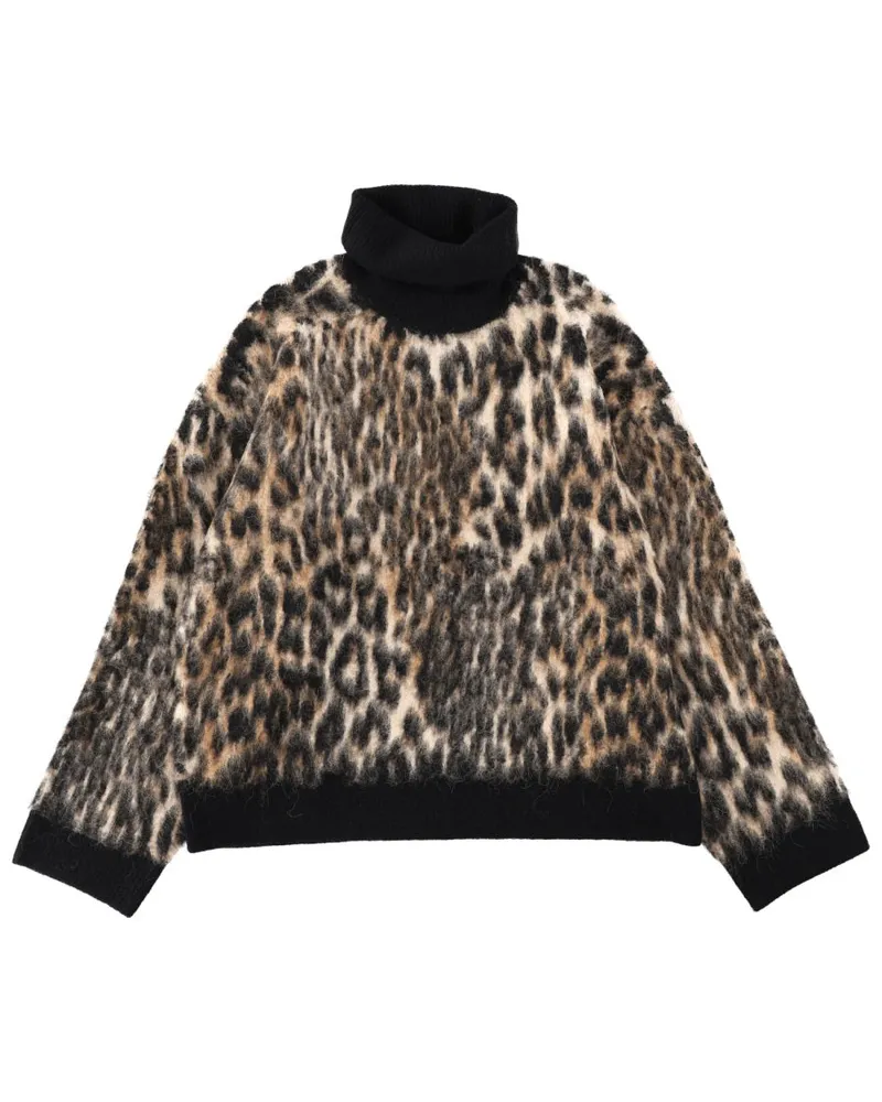 Ganni High-Collar Animalier Alpaca Wool Sweater — Brown Brown