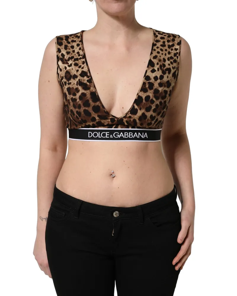Dolce & Gabbana Women Brown Leopard Print Cropped Silk Tank Top Elastane Brown