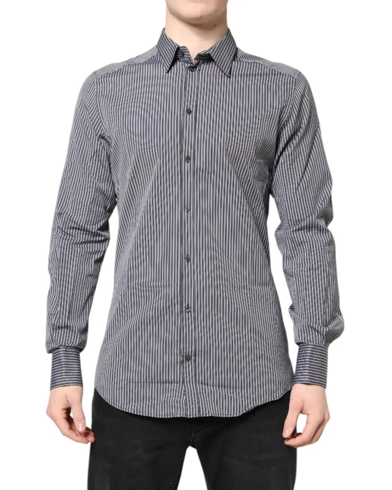 Dolce & Gabbana Men Black White Striped Gold Formal Dress Shirt And Cotton Black