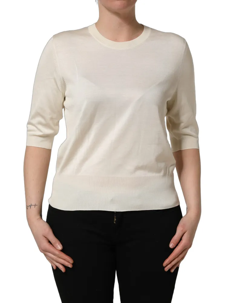 Dolce & Gabbana Women's Off White 3-4 Sleeves Crewneck Pullover Sweater Silk Clothing White