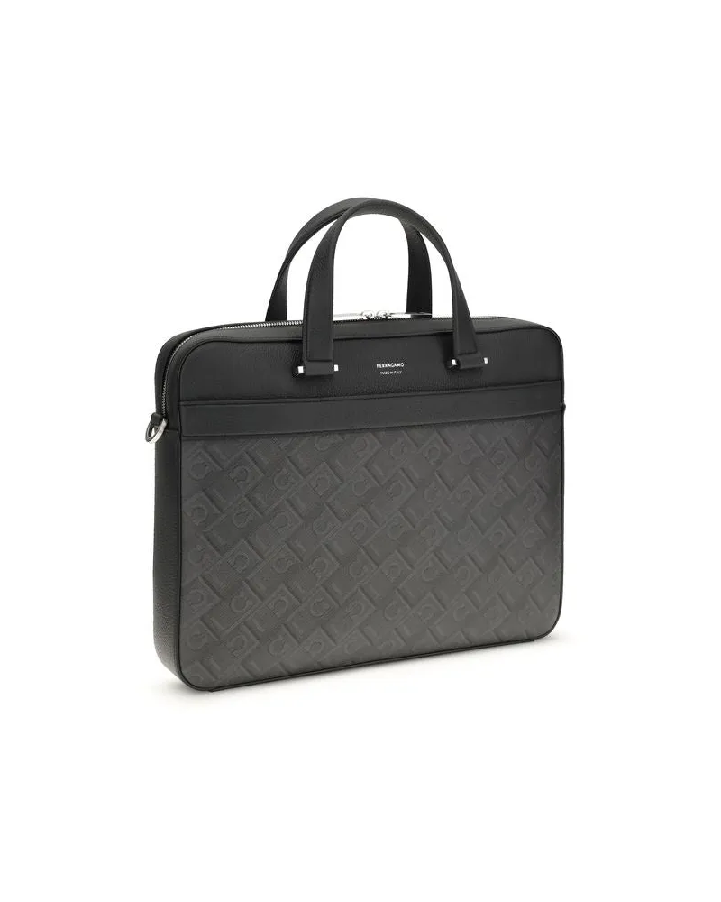 Ferragamo Men's Gray Calf Leather Bos Taurus Briefcase Bag Gray