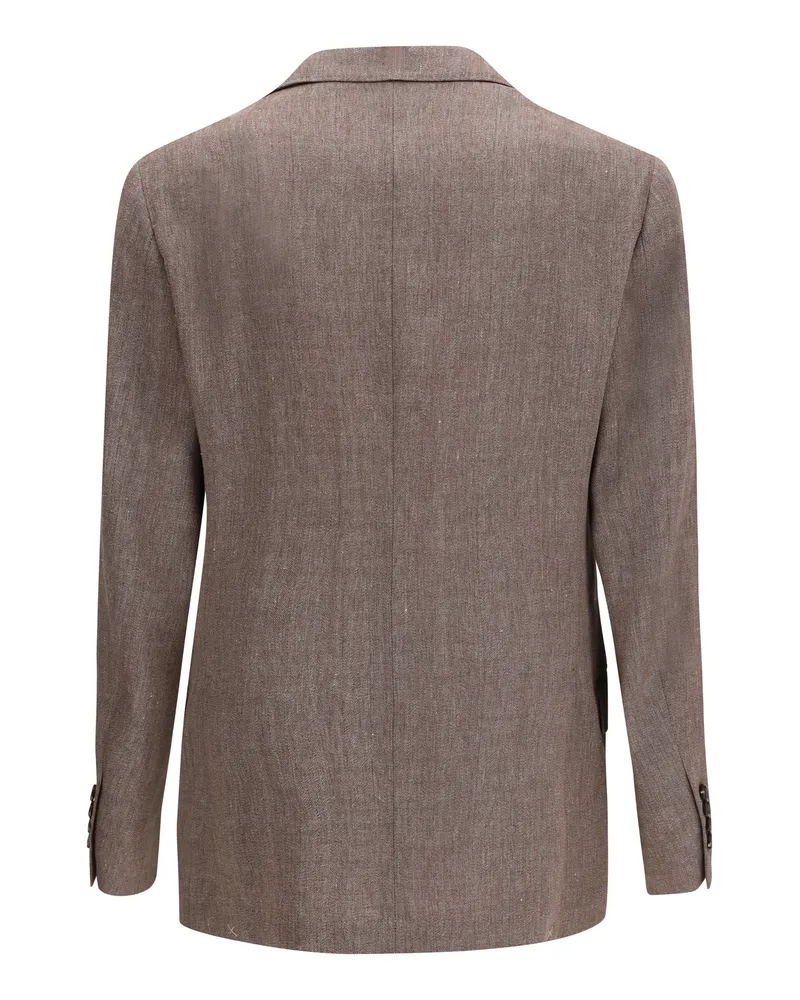Brunello Cucinelli Men's Double-Breasted Tailored Jacket Nocciola Linen; Wool Brown