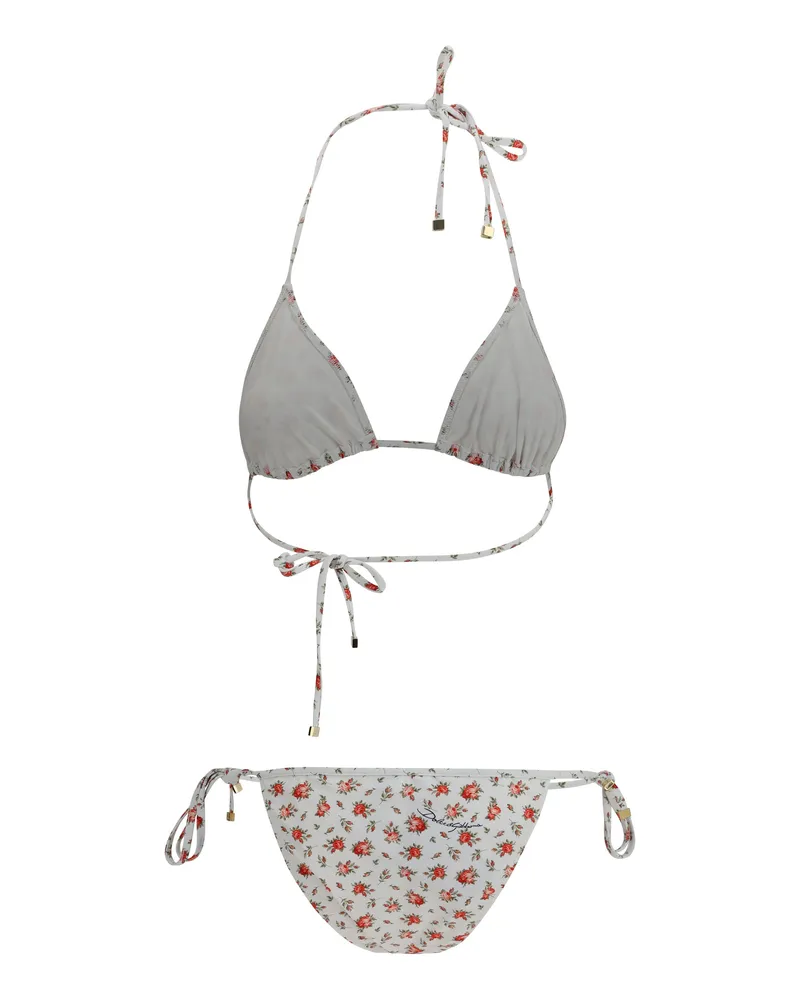 Dolce & Gabbana Women's Triangle Bikini With Roselline Print F.bco Nylon; Elastane Swimwear Sea Clothing Beige