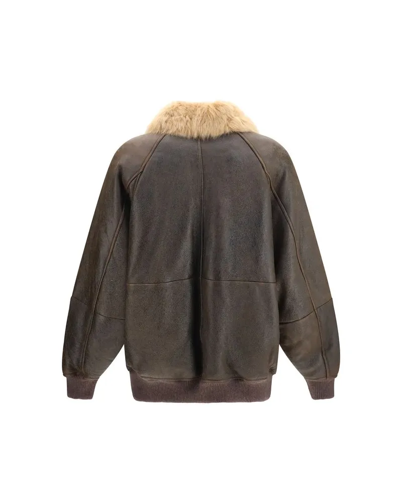 Brunello Cucinelli Shearling Bomber with Vintage Finish Jacket — Brown Brown