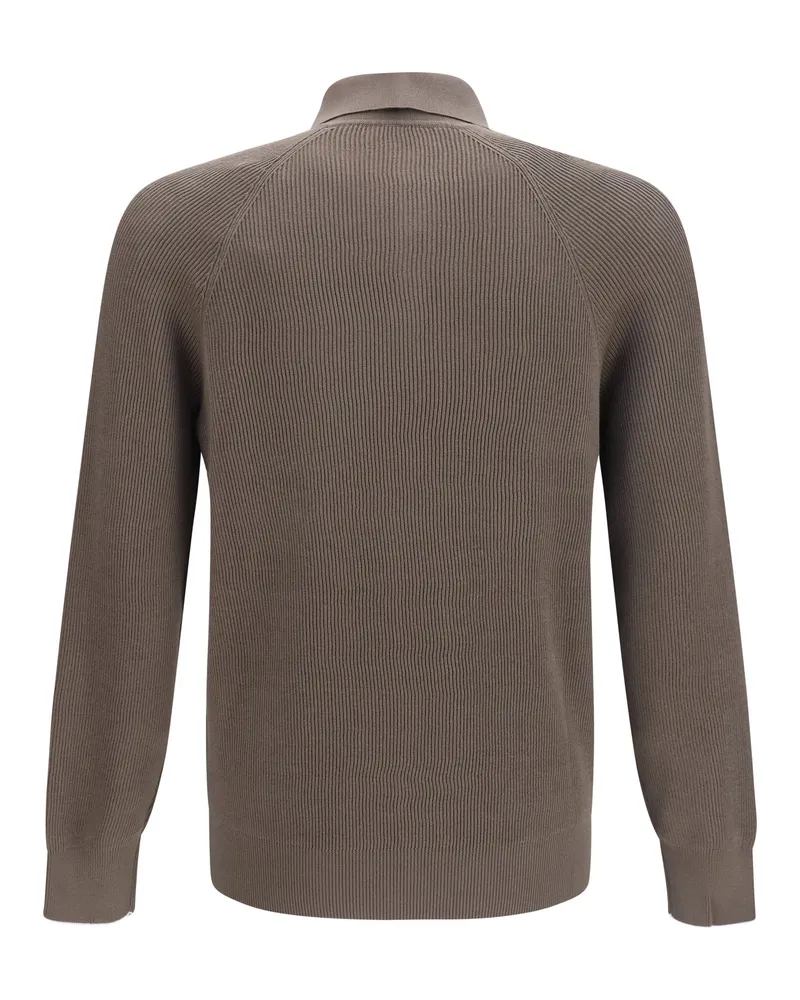 Brunello Cucinelli Ribbed Knit Cotton Polo Shirt — Brown Brown