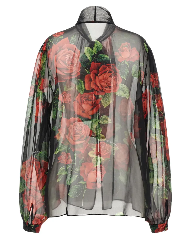 Dolce & Gabbana Silk Chiffon Rose Print Blouse — Black Black