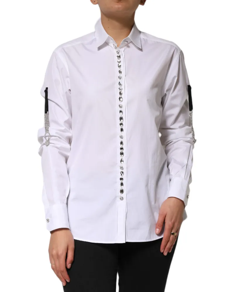 Dolce & Gabbana Women's White Crystal Embellished Collared Shirt Top Cotton White