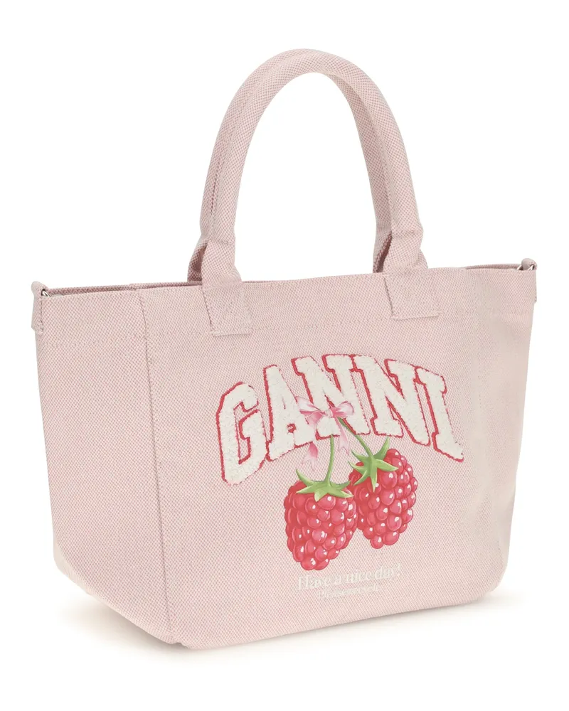 Ganni Women's Small Easy Shopper Raspberry Print Egret Recycled Polyester Shoulder Bags Beige