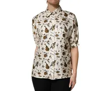 Musical Instrument Print Silk Blouse — Beige