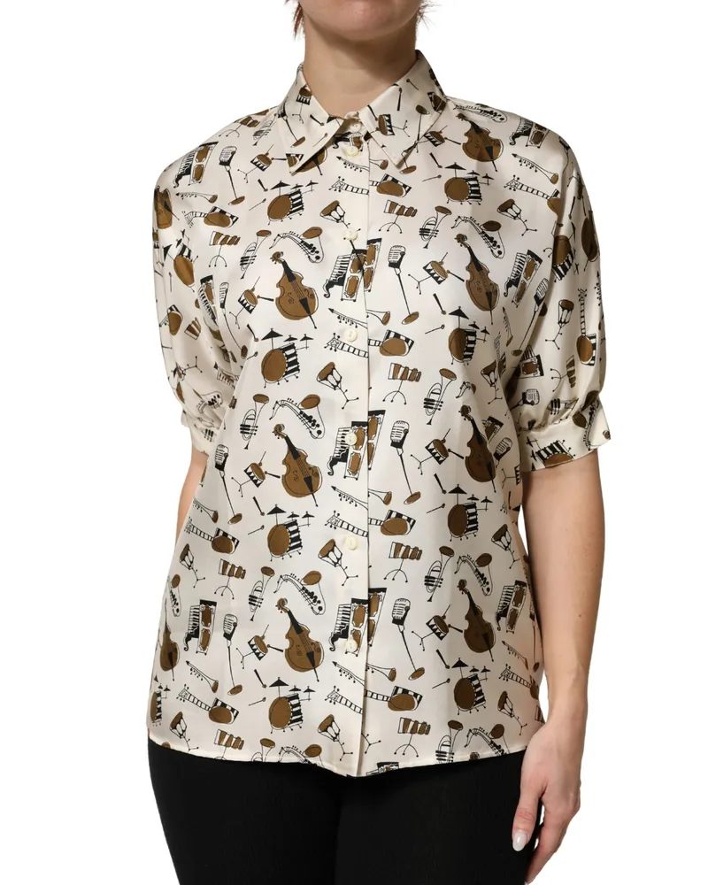 Dolce & Gabbana Women Beige Musical Instrument Print Short Sleeve Top Silk Beige