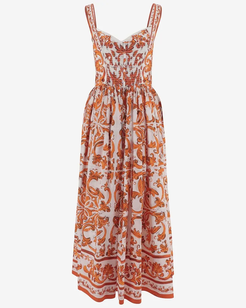 Dolce & Gabbana Women's Dress Cotton Poplin Majolica Print Multicolour Orange