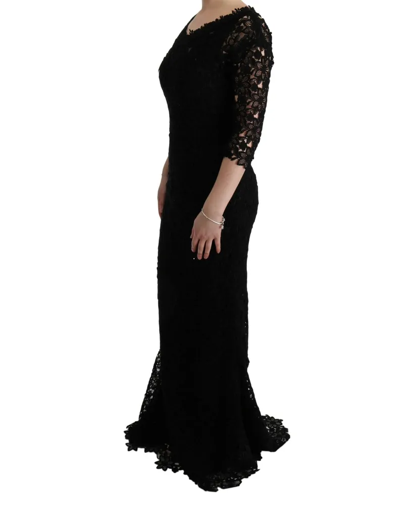 Dolce & Gabbana Women Black Floral Ricamo Sheath Long Dress Cotton Black