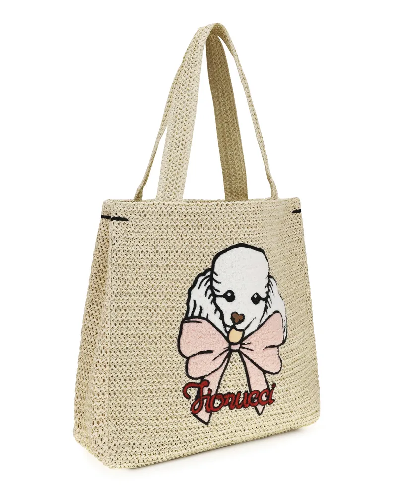 Fiorucci Women's Raffia Tote Bag With Poodle Beige Paper; Cotton Shoulder Beige