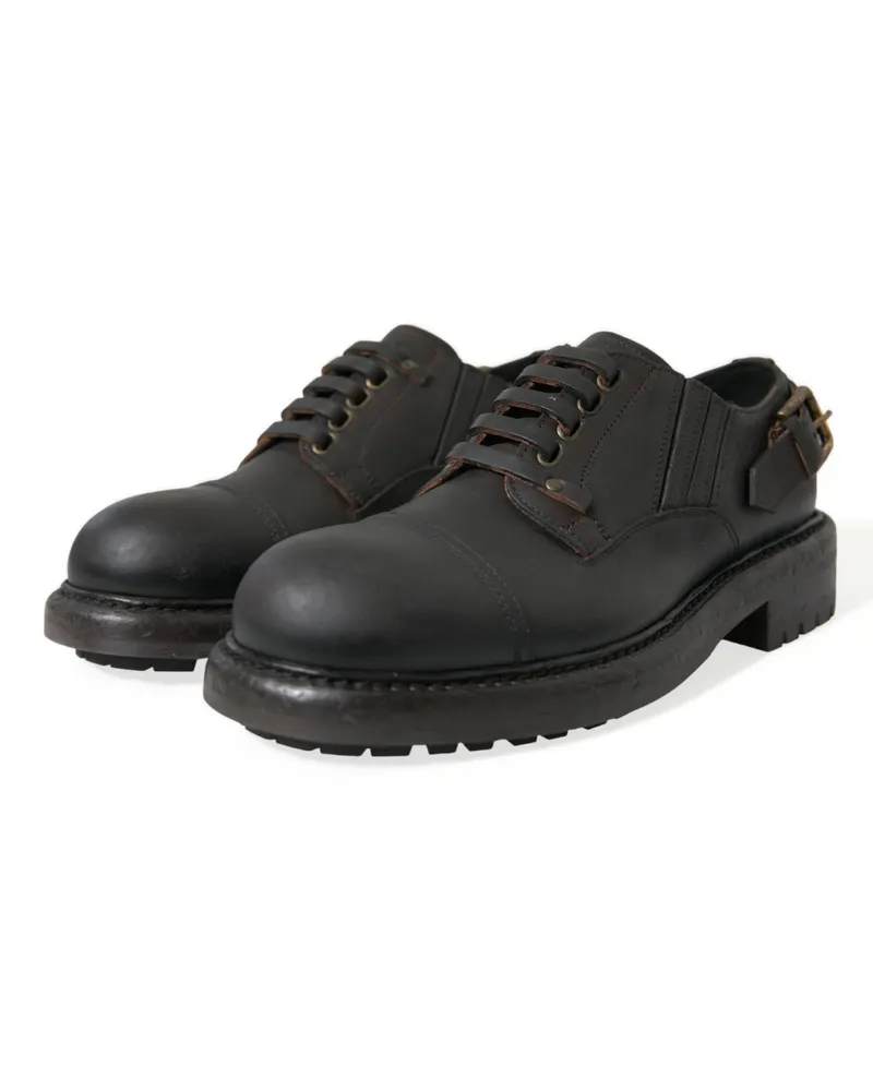 Dolce & Gabbana Brown Leather Lace Up Derby Men Dress Shoes Black