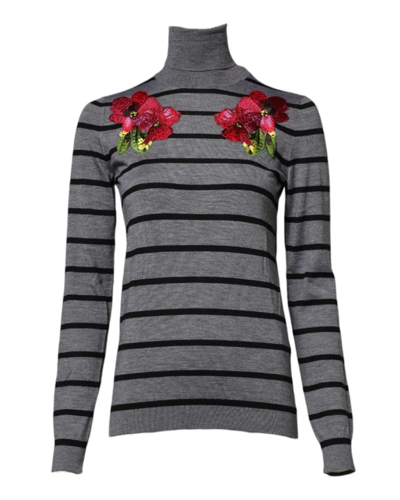 Dolce & Gabbana Women's Gray Floral Embroidery Pullover Sweater Cashmere Silk Clothing Gray