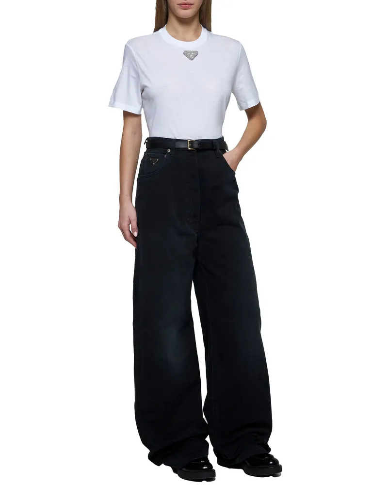 Prada Women Cotton T-Shirt With Rhinestone Plaque White T-Shirts & Jerseys White
