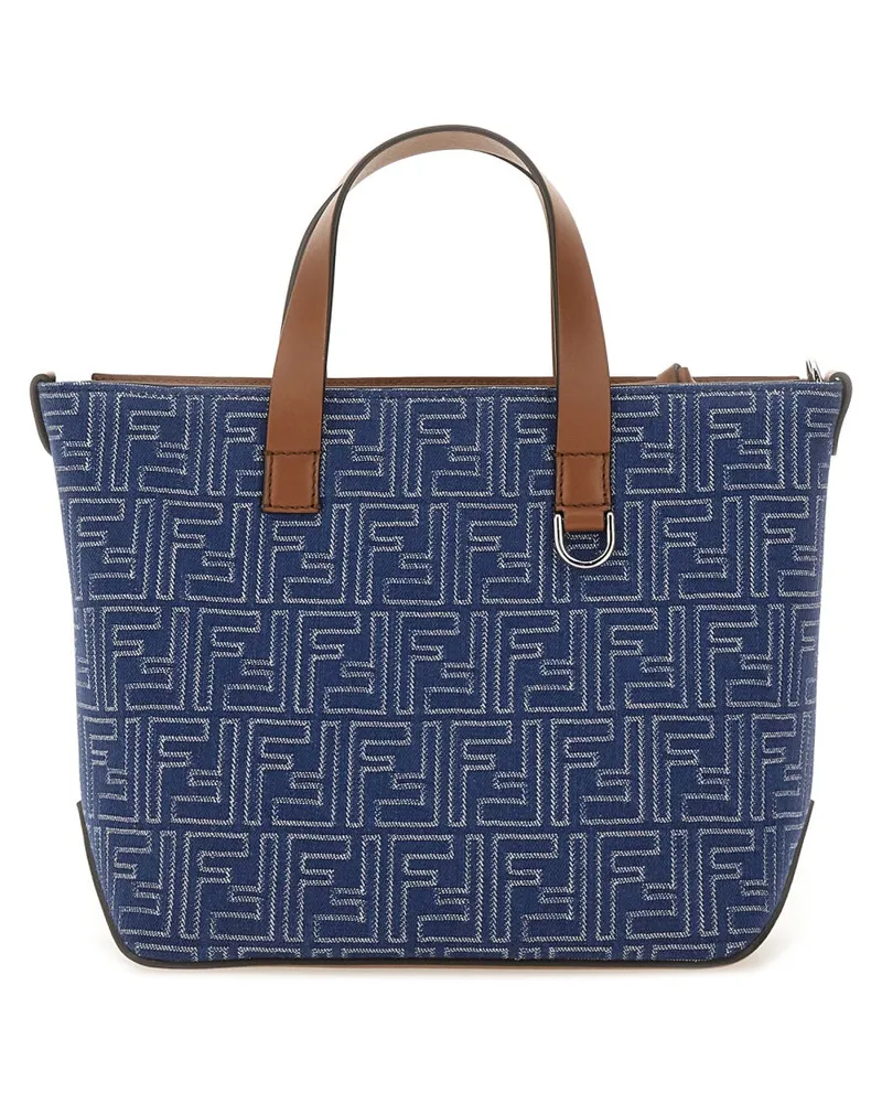Fendi Men's Shopping Bag Ff Small Denim Cotton Handbags Hand Blue