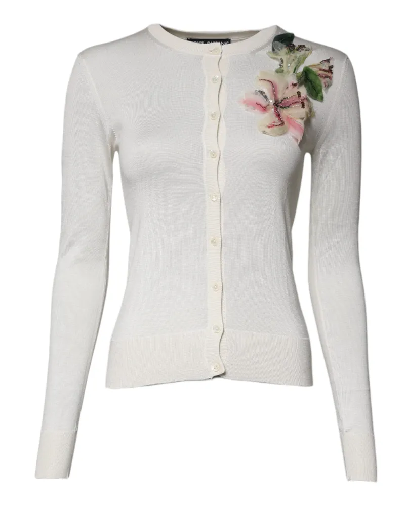 Dolce & Gabbana Women's Cream Floral Silk Embellished Cardigan Sweater Glass Polyester Clothing White