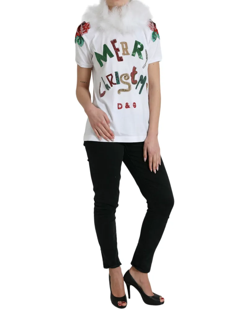 Dolce & Gabbana Women's White Cotton Christmas Sequin Fur T-Shirt White