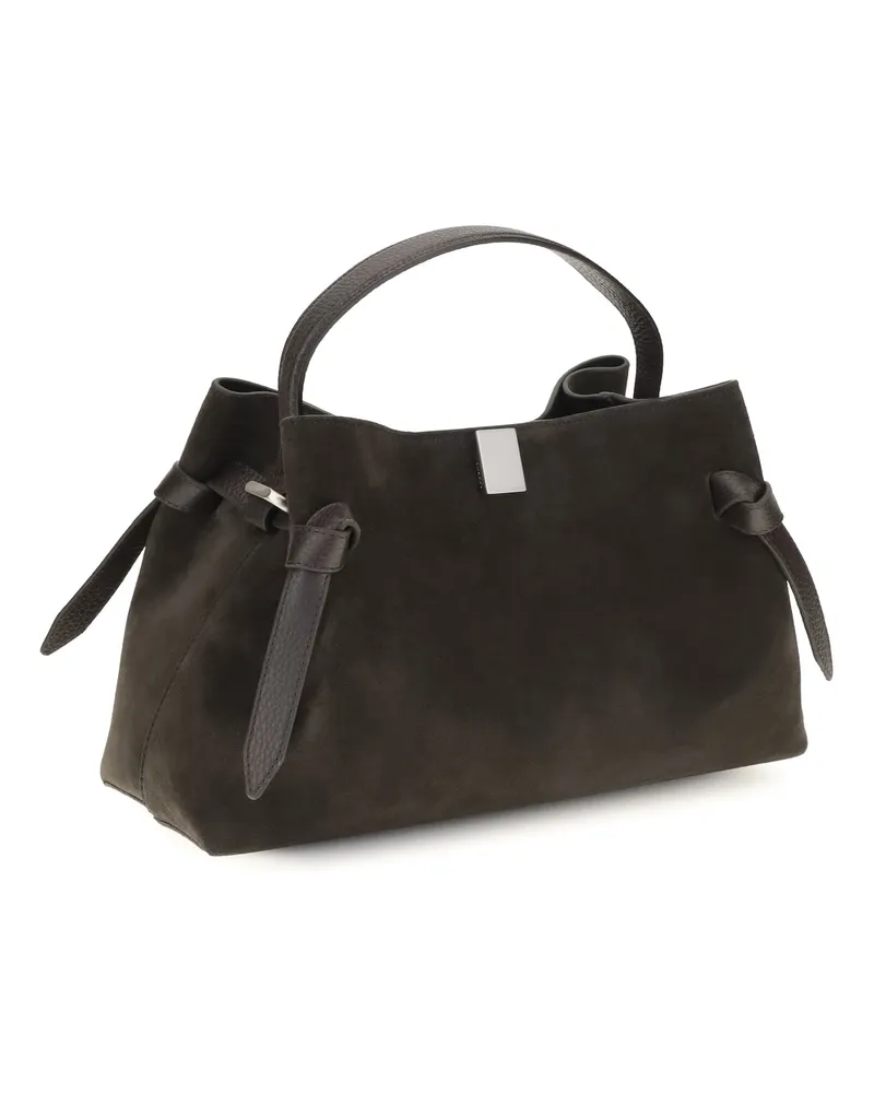 YUZEFI Women's Shoulder Bag Gyoza Suede Ganache Calf Leather Brown