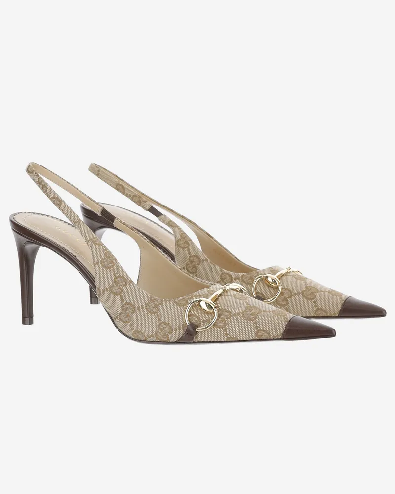 Gucci Pointed-Toe Leather Slingback Pump — Beige Beige