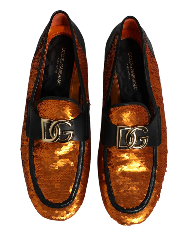 Dolce & Gabbana Orange Sequin Embellished Men Loafers Shoes Polyethylene Orange