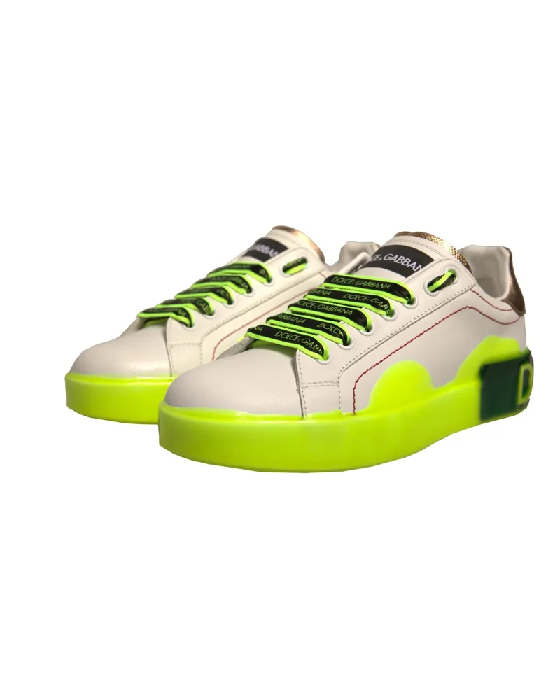 Dolce & Gabbana Women's White Yellow Portofino Leather Sneakers Shoes Calfskin White