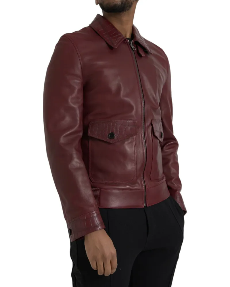 Dolce & Gabbana Men's Maroon Exotic Leather Zip Biker Coat Jacket Clothing Maroon