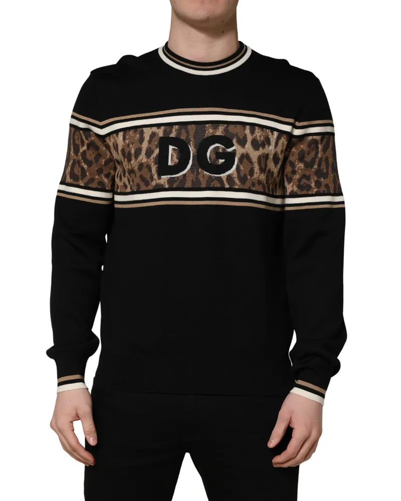 Dolce & Gabbana Men's Leopard-Print Wool Crew Neck Sweater Black Virgin Nylon Black