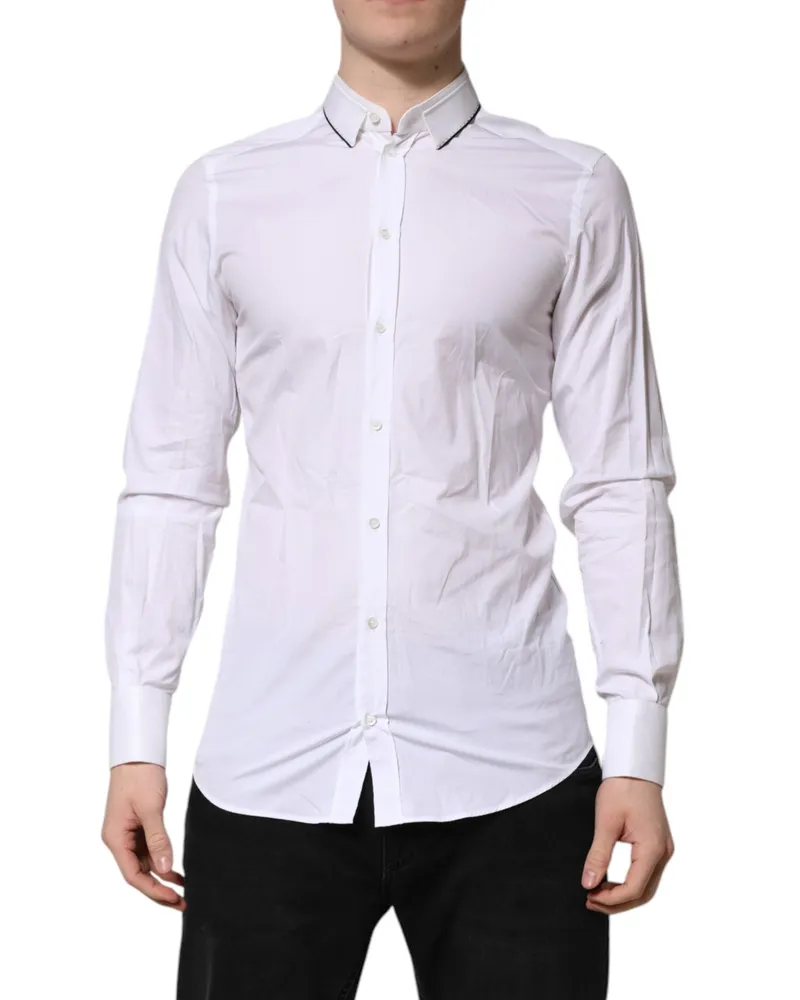 Dolce & Gabbana Men White Cotton Gold Long Sleeves Formal Shirt Elastane White