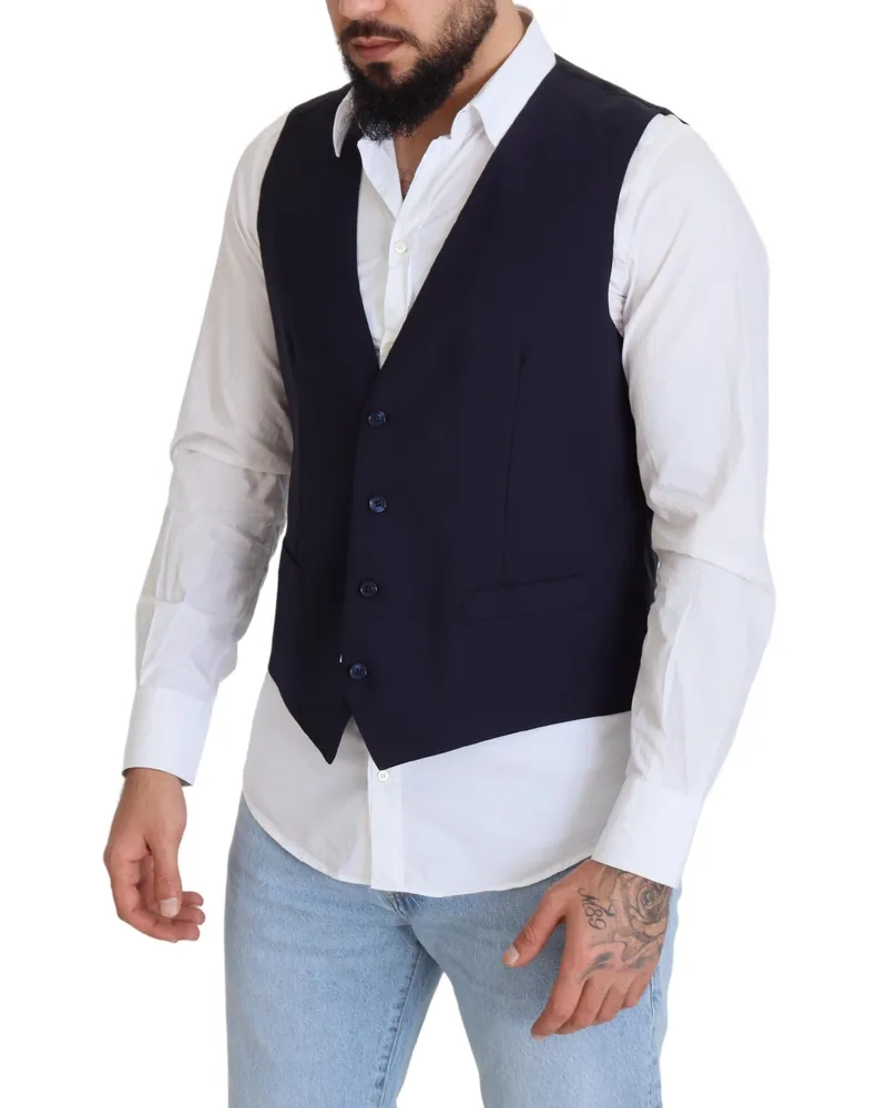 Dolce & Gabbana Men's Dark Blue Wool Stretch Waistcoat Formal Vest Virgin Elastane Clothing Navy