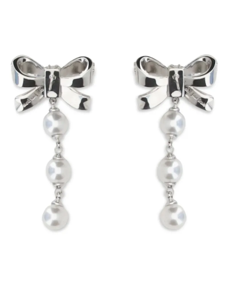 Self-Portrait Women's Crystal Bow And Pearl Drop Earrings Silver Brass Silver