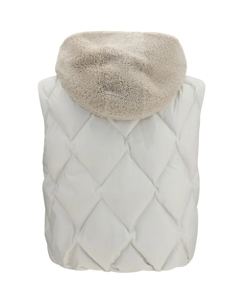 Brunello Cucinelli Quilted Shearling-Hood Vest — Gray Gray