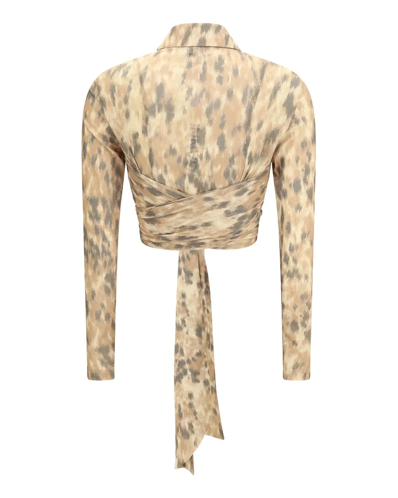 Ganni Women's Printed Marl Mesh Tie Blouse Burro Recycled Polyester Shirt Beige