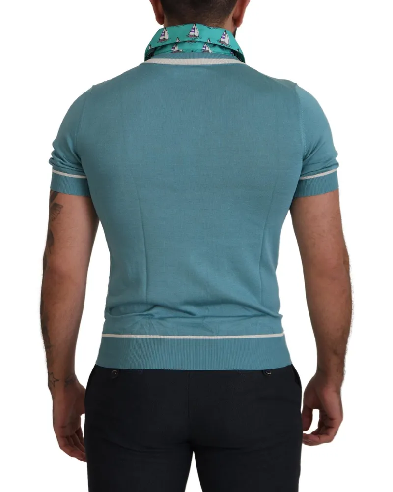 Dolce & Gabbana Blue Silk Polo Top Mens V-Neck T-Shirt Blue
